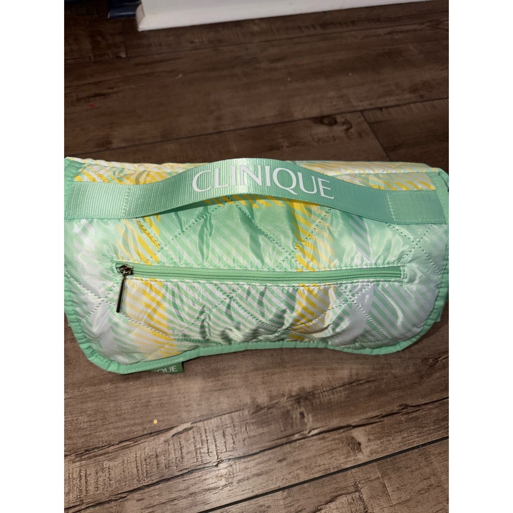 Clinique Quilted Picnic Blanket mint green and yellow plaid carrying strap